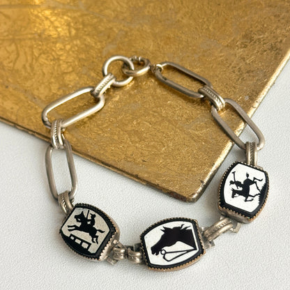 Estate Antique Silver Tone Painted Horse Enamel Black + White Bracelet 7” - LSJ