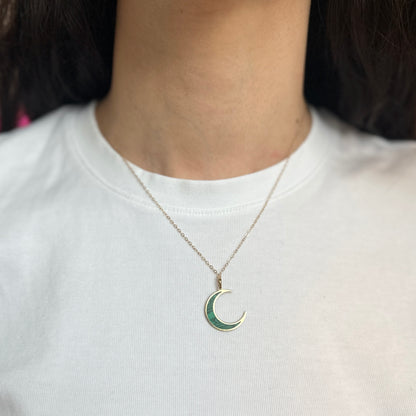 14KT Yellow Gold Green Malachite Inlayed Crescent Large Moon Pendant Charm