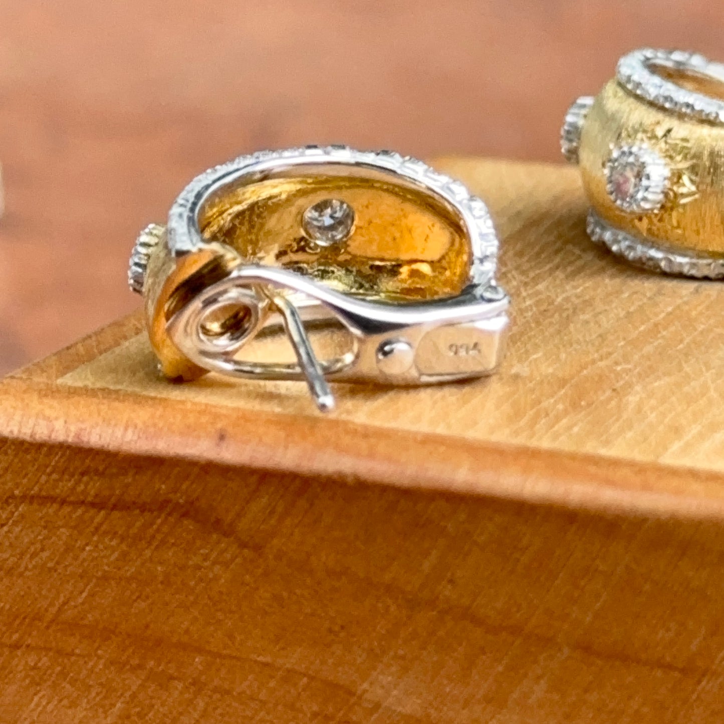 Estate 18KT Yellow Gold Florentine Finish Diamond Omega Back Earrings