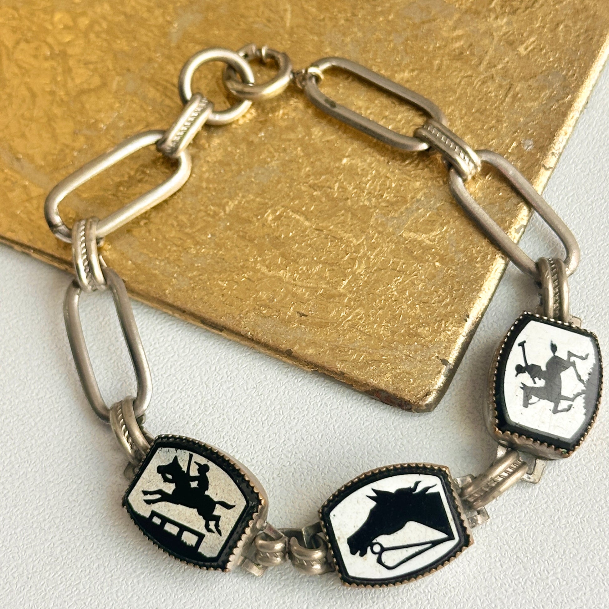 Estate Antique Silver Tone Painted Horse Enamel Black + White Bracelet 7” - LSJ