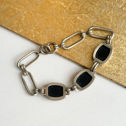 Estate Antique Silver Tone Painted Horse Enamel Black + White Bracelet 7” - LSJ