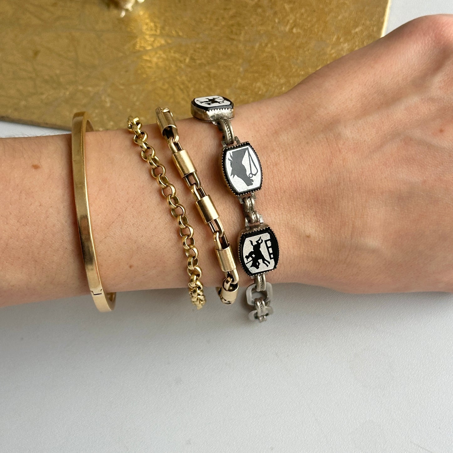 Estate Antique Silver Tone Painted Horse Enamel Black + White Bracelet 7” - LSJ