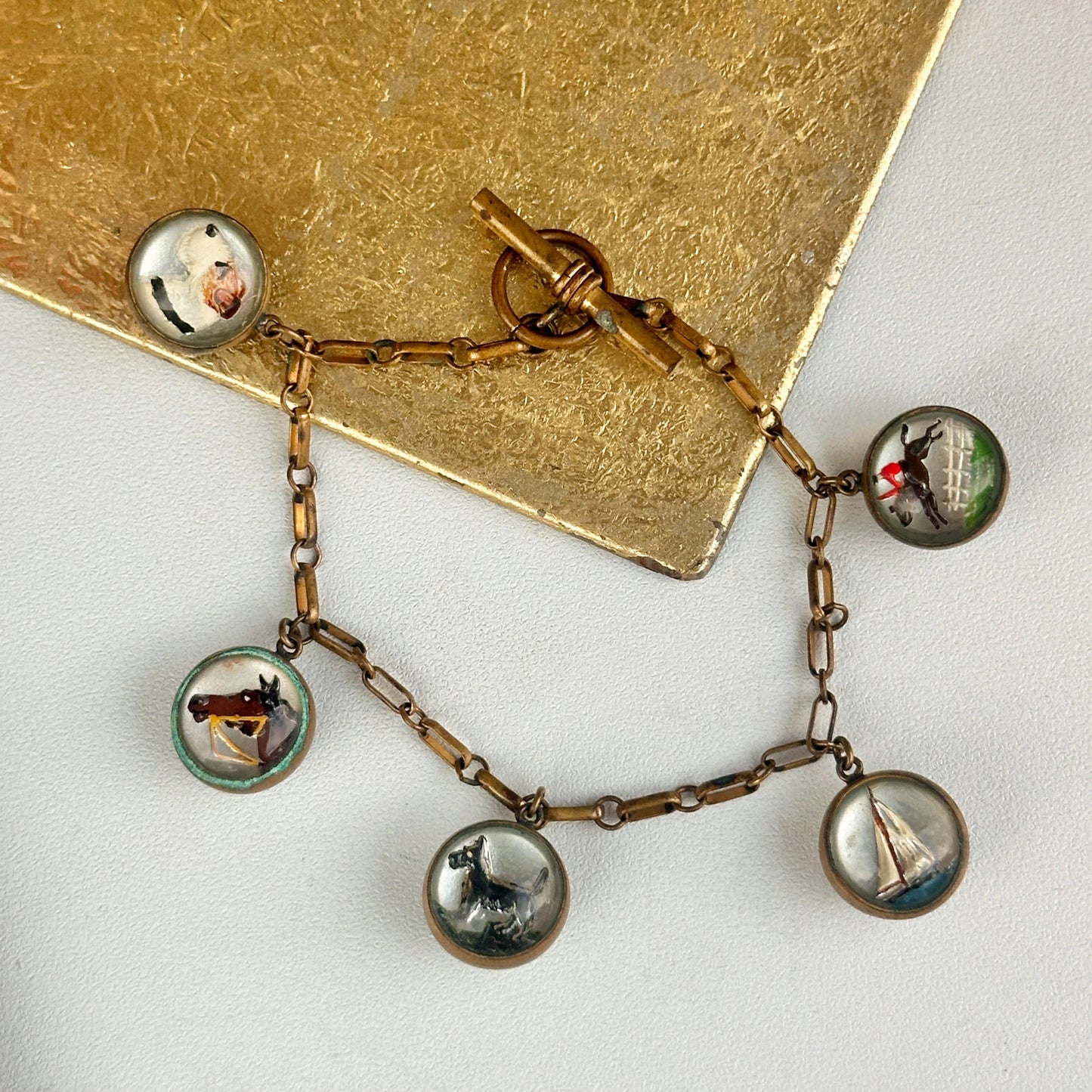 Estate Antique Patina’d Brass Painted Horse Sailboat Dog Jockey Glass Bracelet 7.5” - LSJ