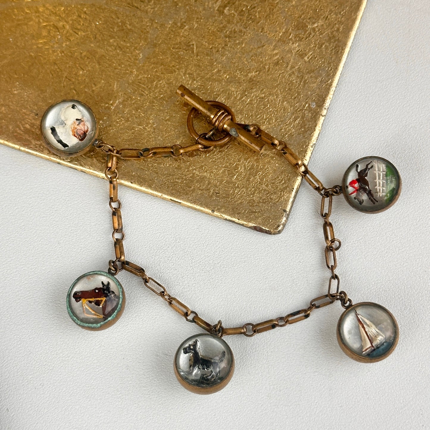 Estate Antique Patina’d Brass Painted Horse Sailboat Dog Jockey Glass Bracelet 7.5” - LSJ