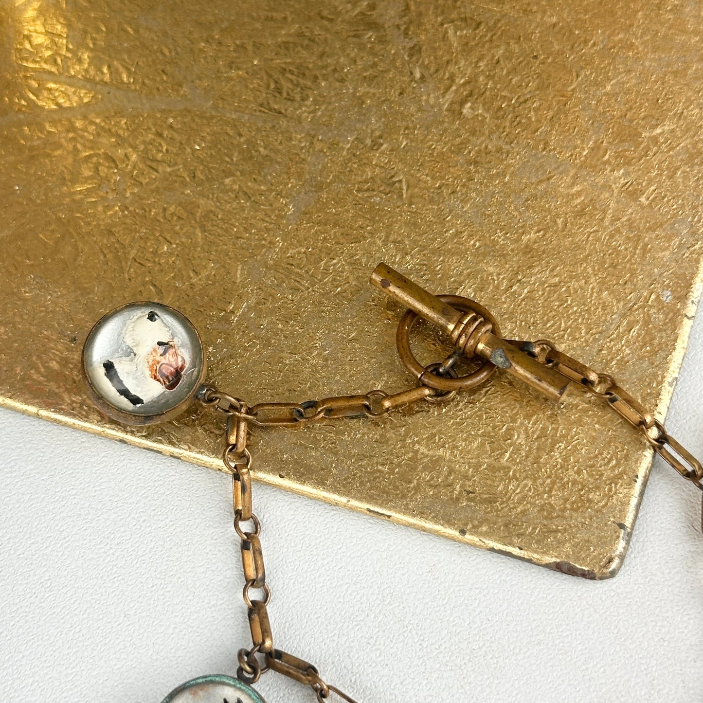 Estate Antique Patina’d Brass Painted Horse Sailboat Dog Jockey Glass Bracelet 7.5” - LSJ