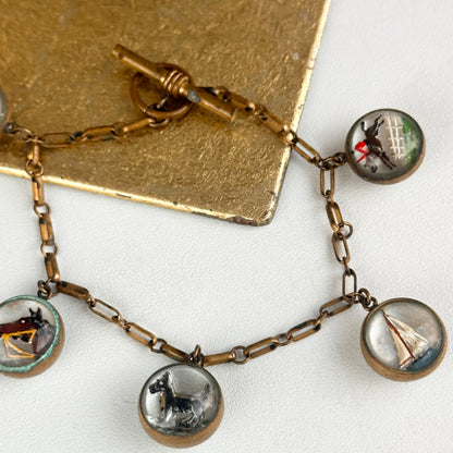 Estate Antique Patina’d Brass Painted Horse Sailboat Dog Jockey Glass Bracelet 7.5” - LSJ