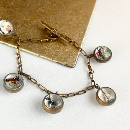 Estate Antique Patina’d Brass Painted Horse Sailboat Dog Jockey Glass Bracelet 7.5” - LSJ