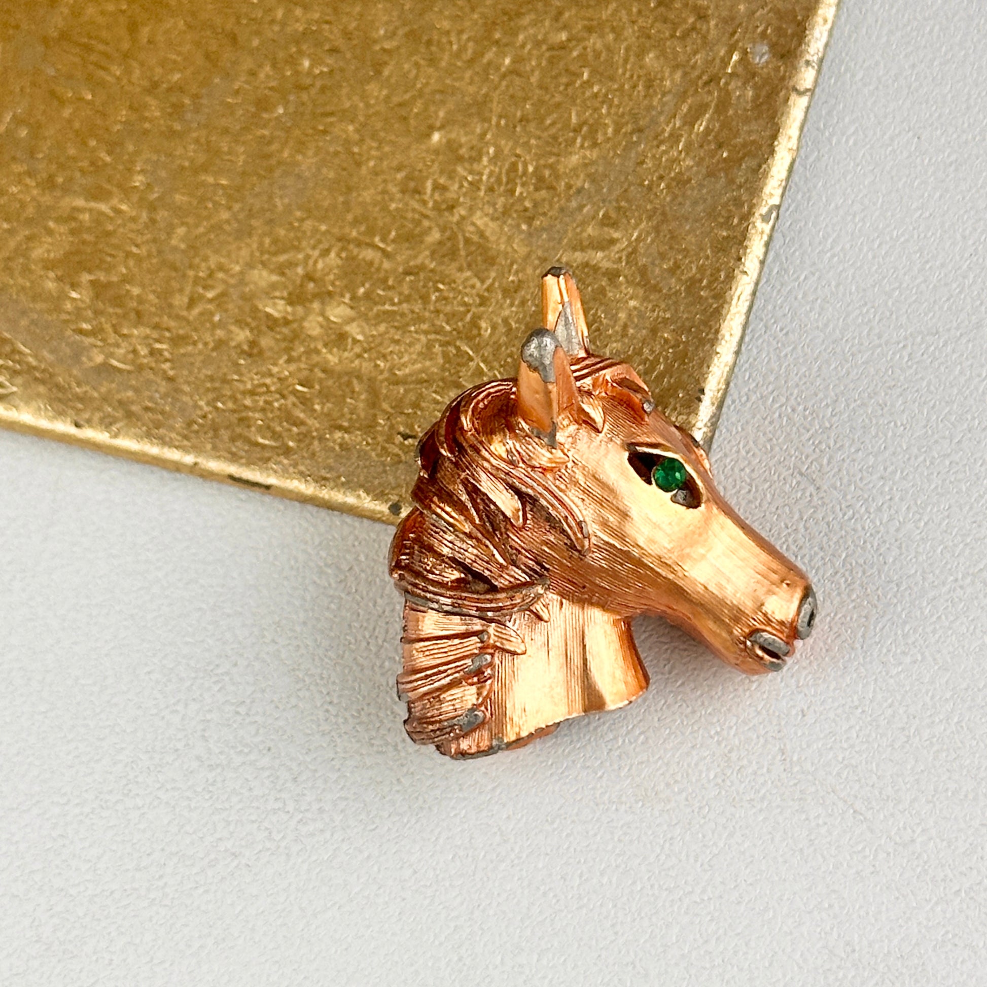 Estate Copper Toned Patina’d Large Hollow Horse Head Brooch + Green Stone Eye - LSJ