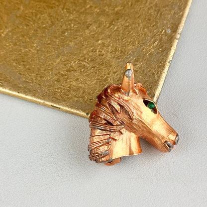 Estate Copper Toned Patina’d Large Hollow Horse Head Brooch + Green Stone Eye - LSJ
