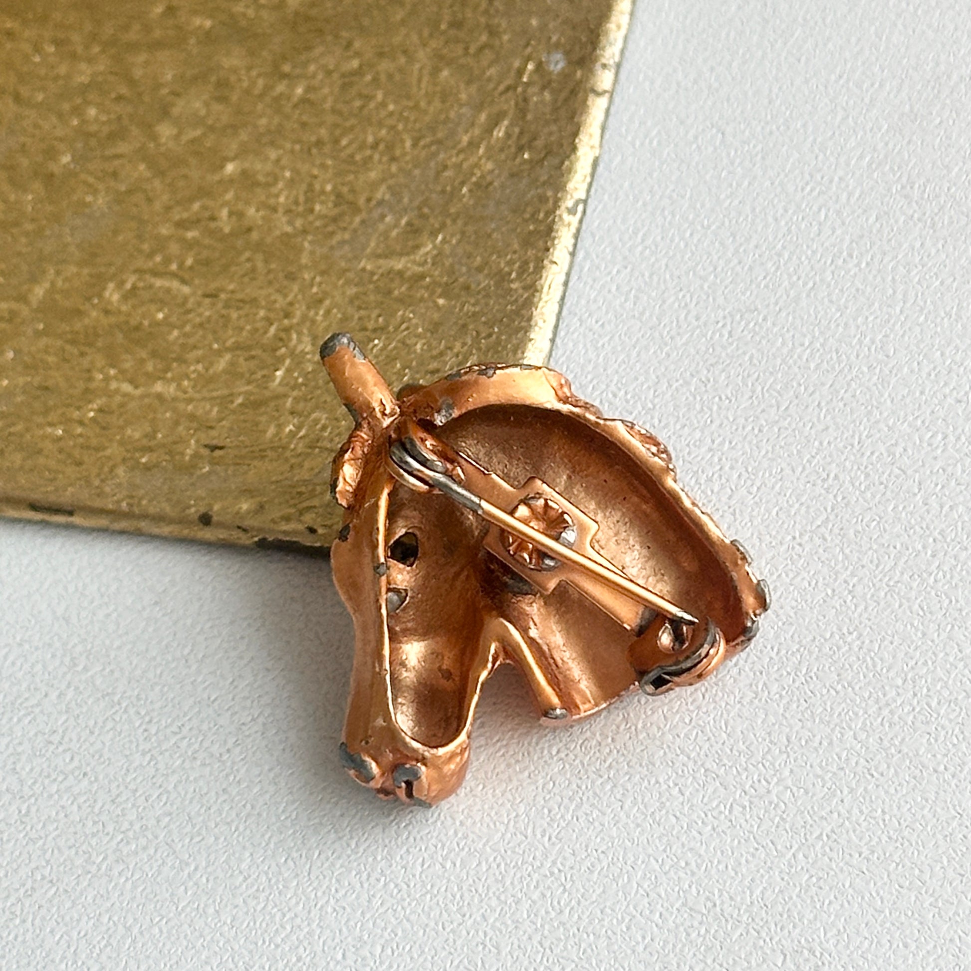 Estate Copper Toned Patina’d Large Hollow Horse Head Brooch + Green Stone Eye - LSJ