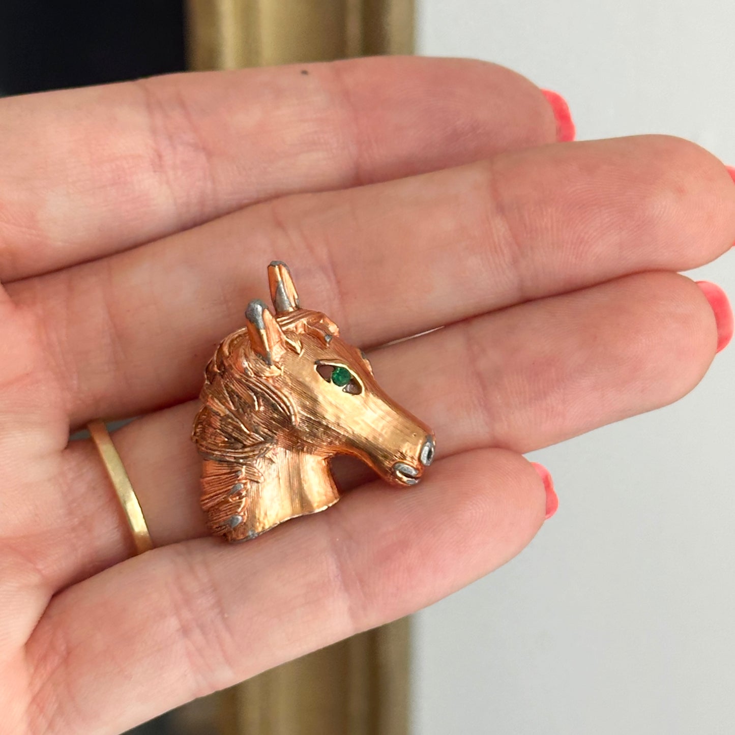 Estate Copper Toned Patina’d Large Hollow Horse Head Brooch + Green Stone Eye - LSJ