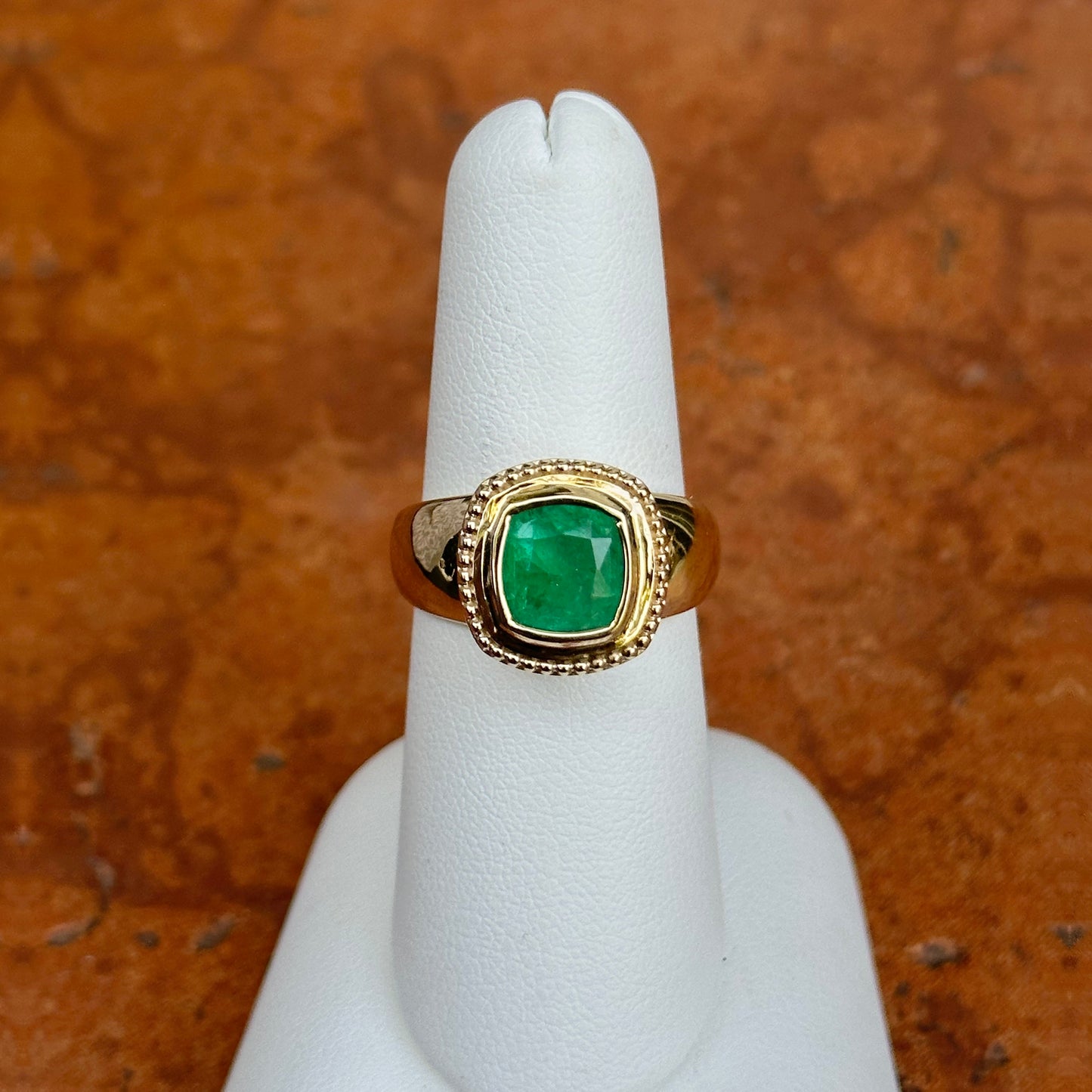 14KT Yellow Gold Beaded Bezel Cushion Emerald Wide Band Ring