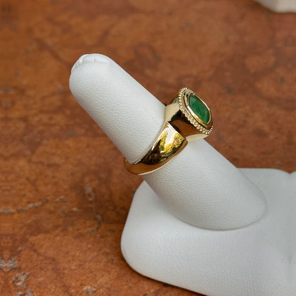 14KT Yellow Gold Beaded Bezel Cushion Emerald Wide Band Ring