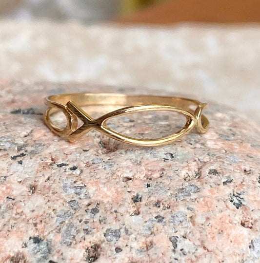 14KT Yellow Gold Open Work Ichthus Band Ring