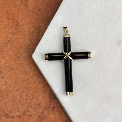 14KT Yellow Gold Black Onyx Cross Pendant Charm 40mm