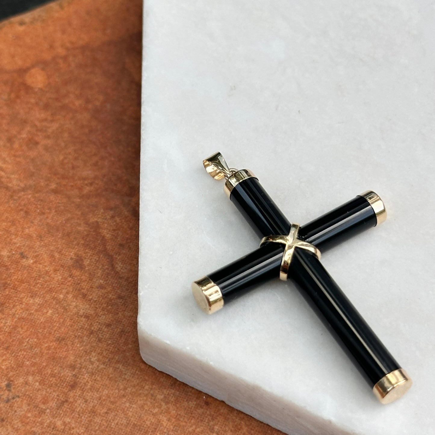 14KT Yellow Gold Black Onyx Cross Pendant Charm 40mm