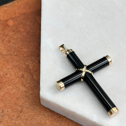 14KT Yellow Gold Black Onyx Cross Pendant Charm 40mm