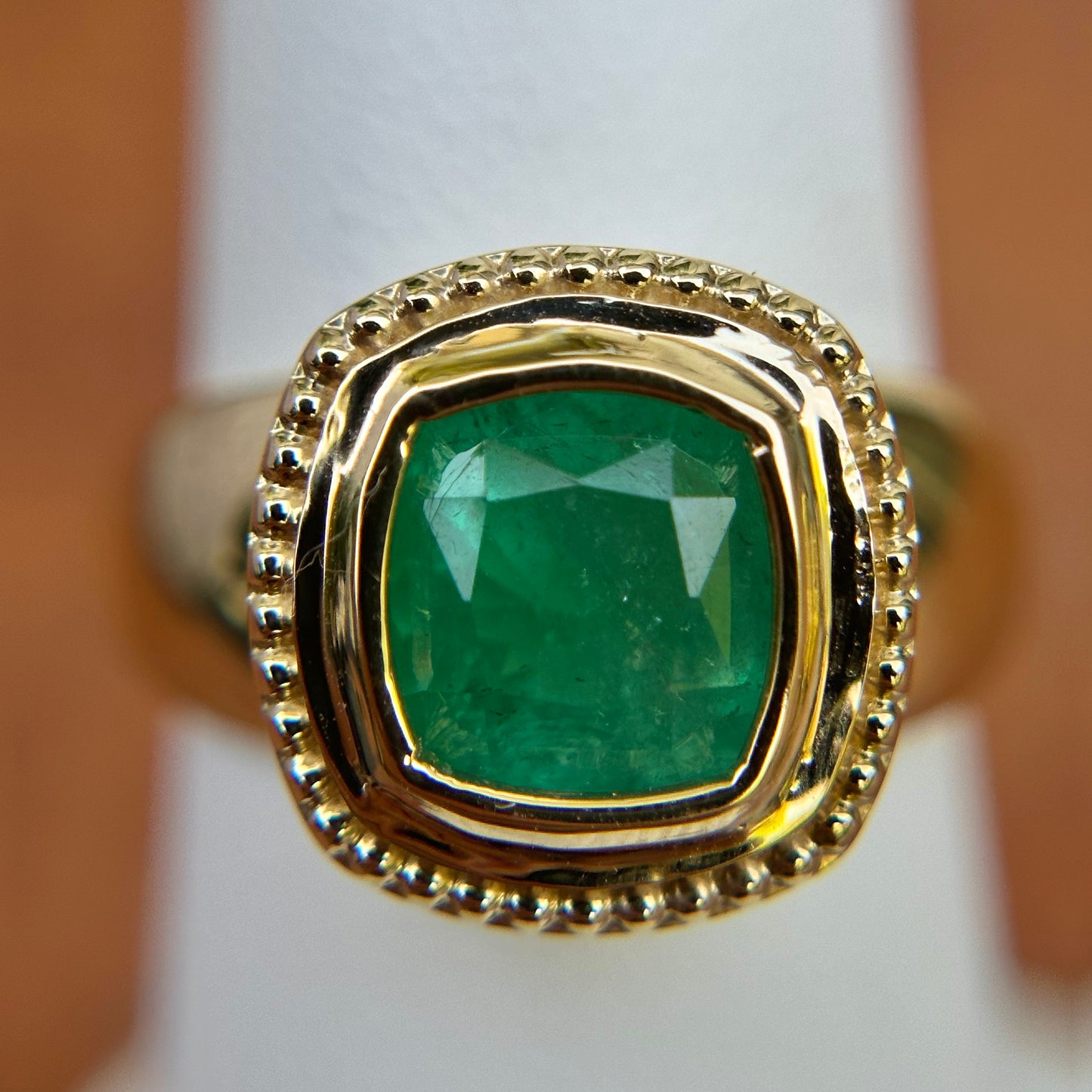 14KT Yellow Gold Beaded Bezel Cushion Emerald Wide Band Ring