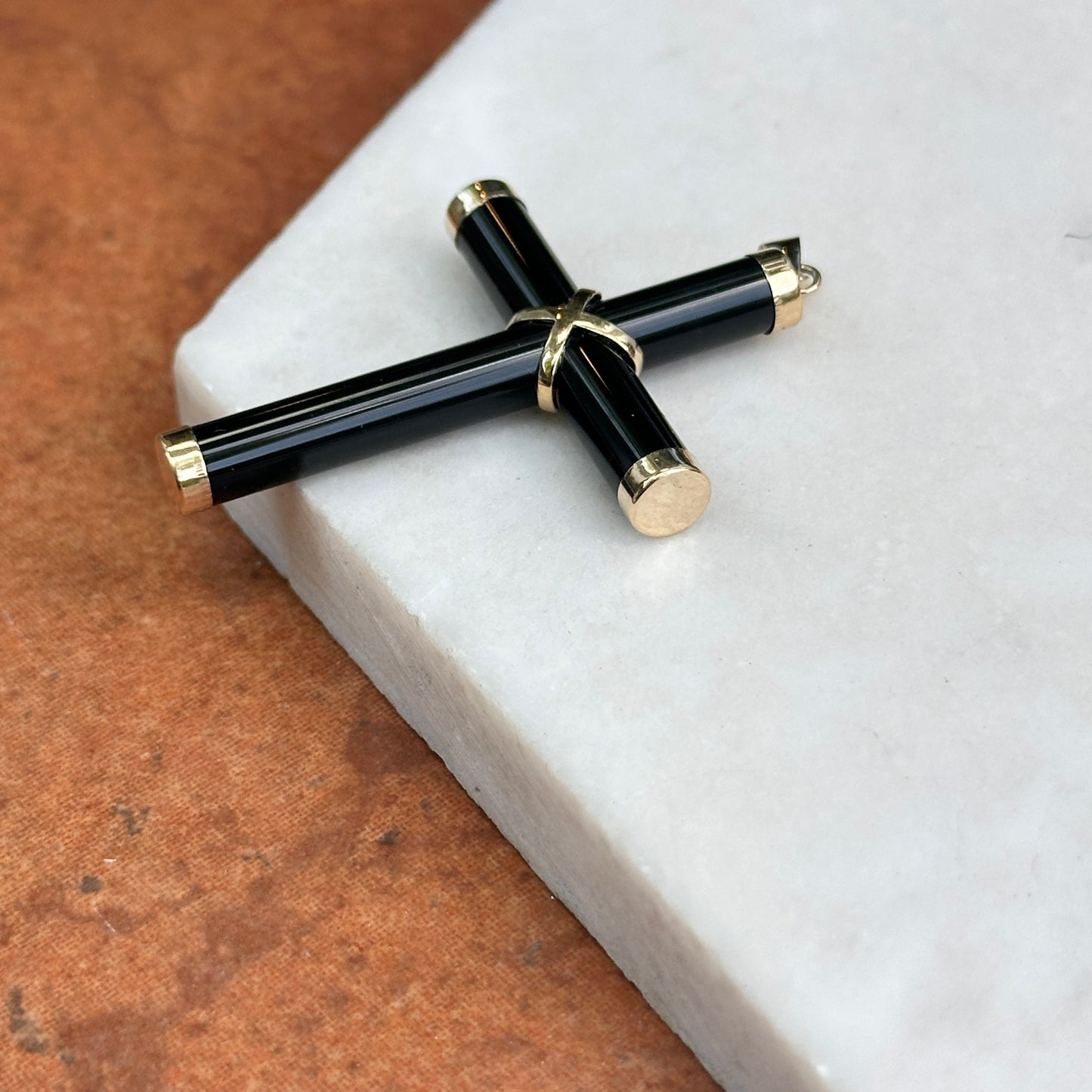 14KT Yellow Gold Black Onyx Cross Pendant Charm 40mm