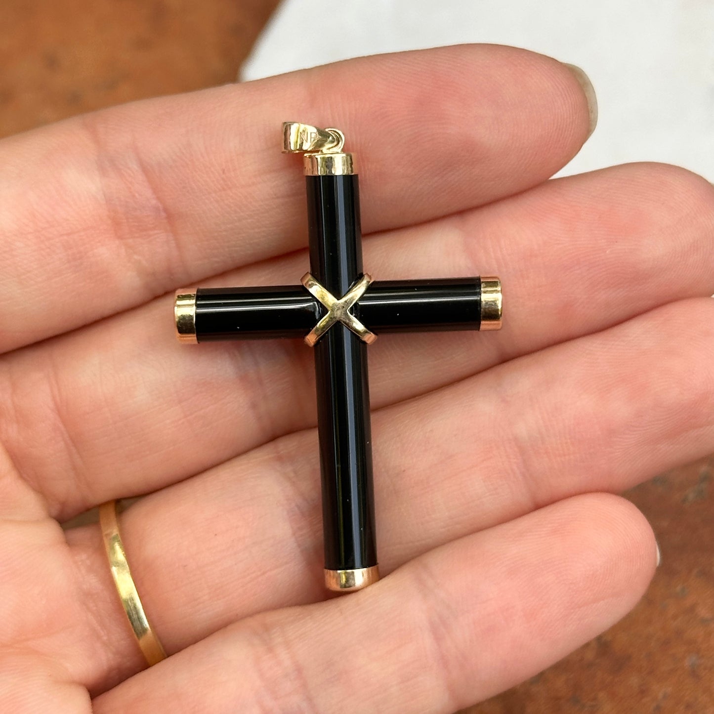 14KT Yellow Gold Black Onyx Cross Pendant Charm 40mm