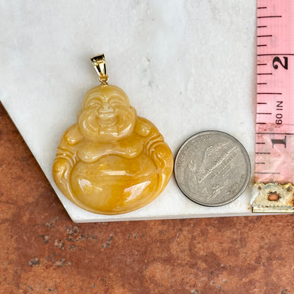 Estate 14KT Yellow Gold Carved Genuine Beige Jade Buddha Pendant 40mm