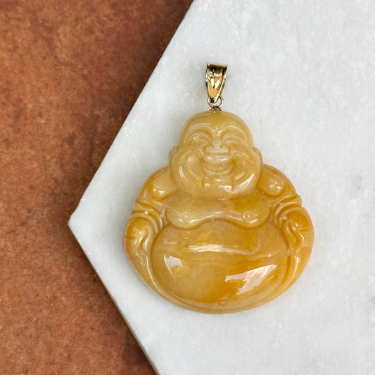 Estate 14KT Yellow Gold Carved Genuine Beige Jade Buddha Pendant 40mm