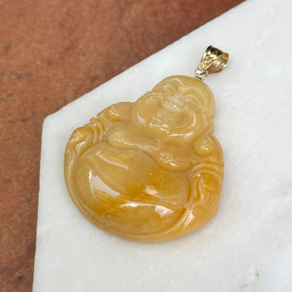 Estate 14KT Yellow Gold Carved Genuine Beige Jade Buddha Pendant 40mm