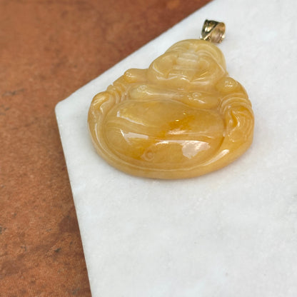 Estate 14KT Yellow Gold Carved Genuine Beige Jade Buddha Pendant 40mm