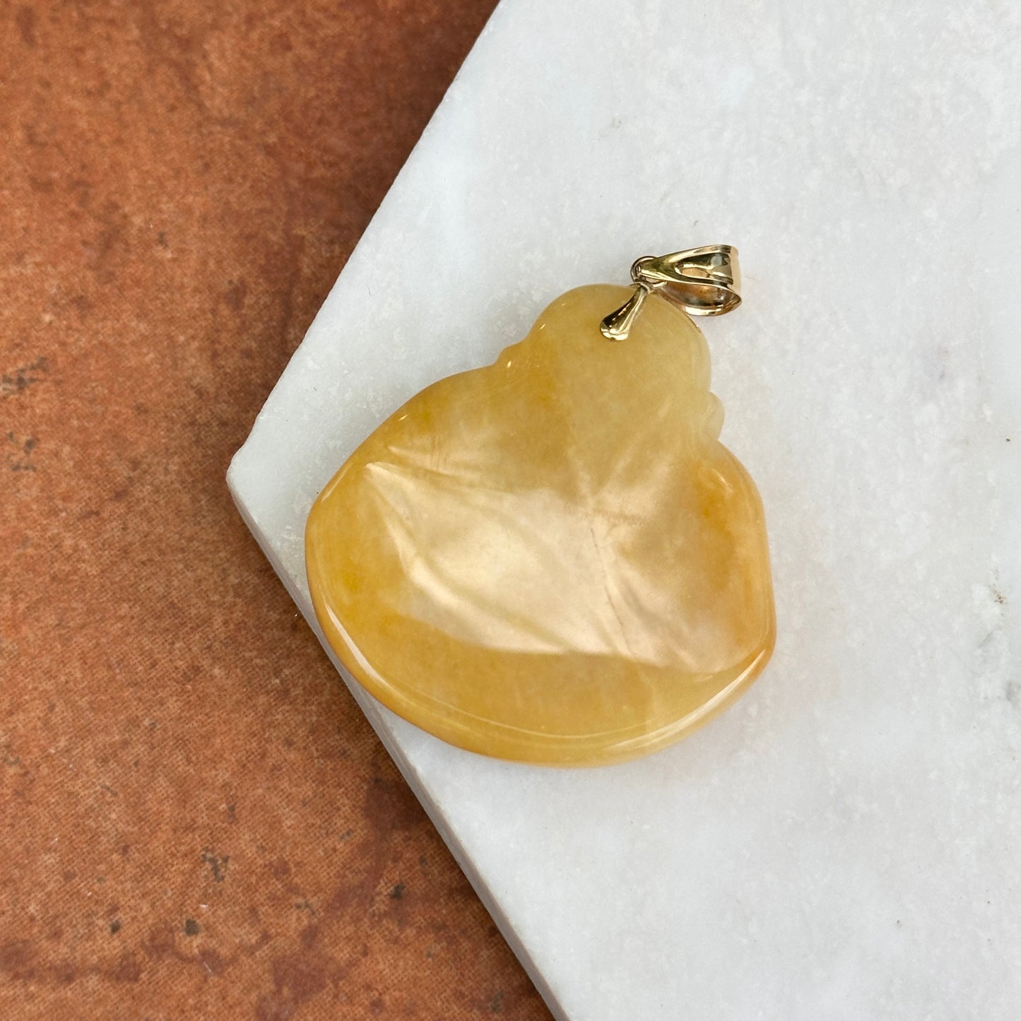 Estate 14KT Yellow Gold Carved Genuine Beige Jade Buddha Pendant 40mm