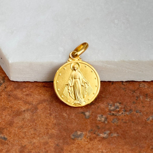 14KT Yellow Gold Matte Miraculous Medal Round Pendant 14mm