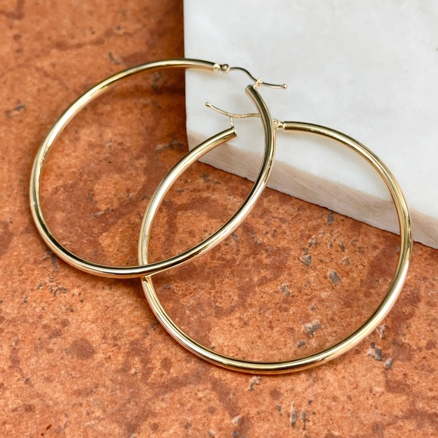10KT Yellow Gold 2.5mm Tube Round Hoop Earrings 55mm