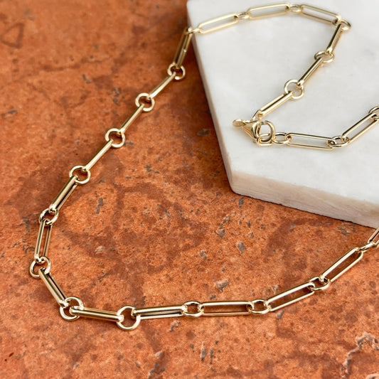 14KT Yellow Gold Oval Bar Link + Station Circle Chain Necklace