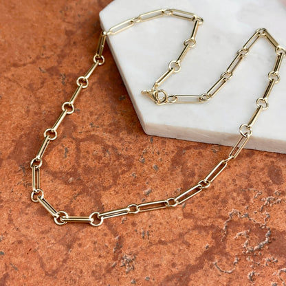 14KT Yellow Gold Oval Bar Link + Station Circle Chain Necklace
