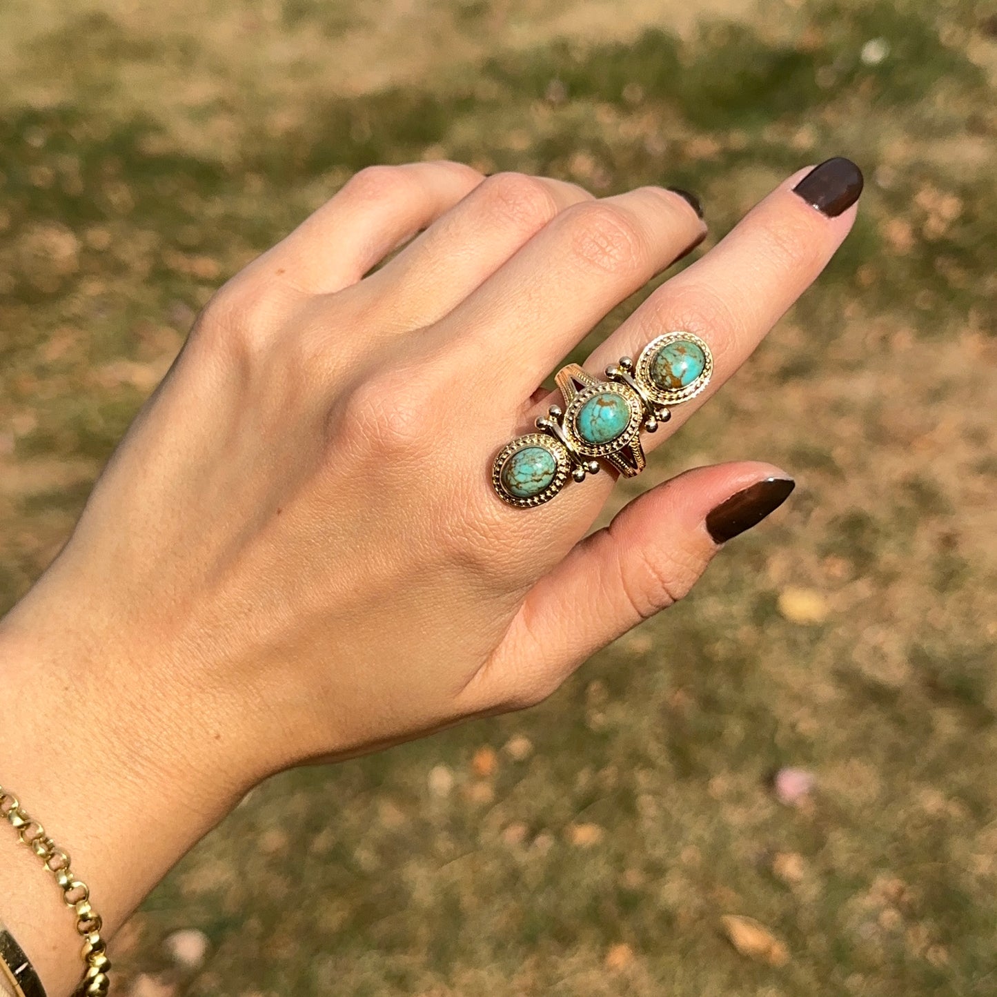 Estate 18KT Yellow Gold Byzantine Turquoise 3 Stone Ring