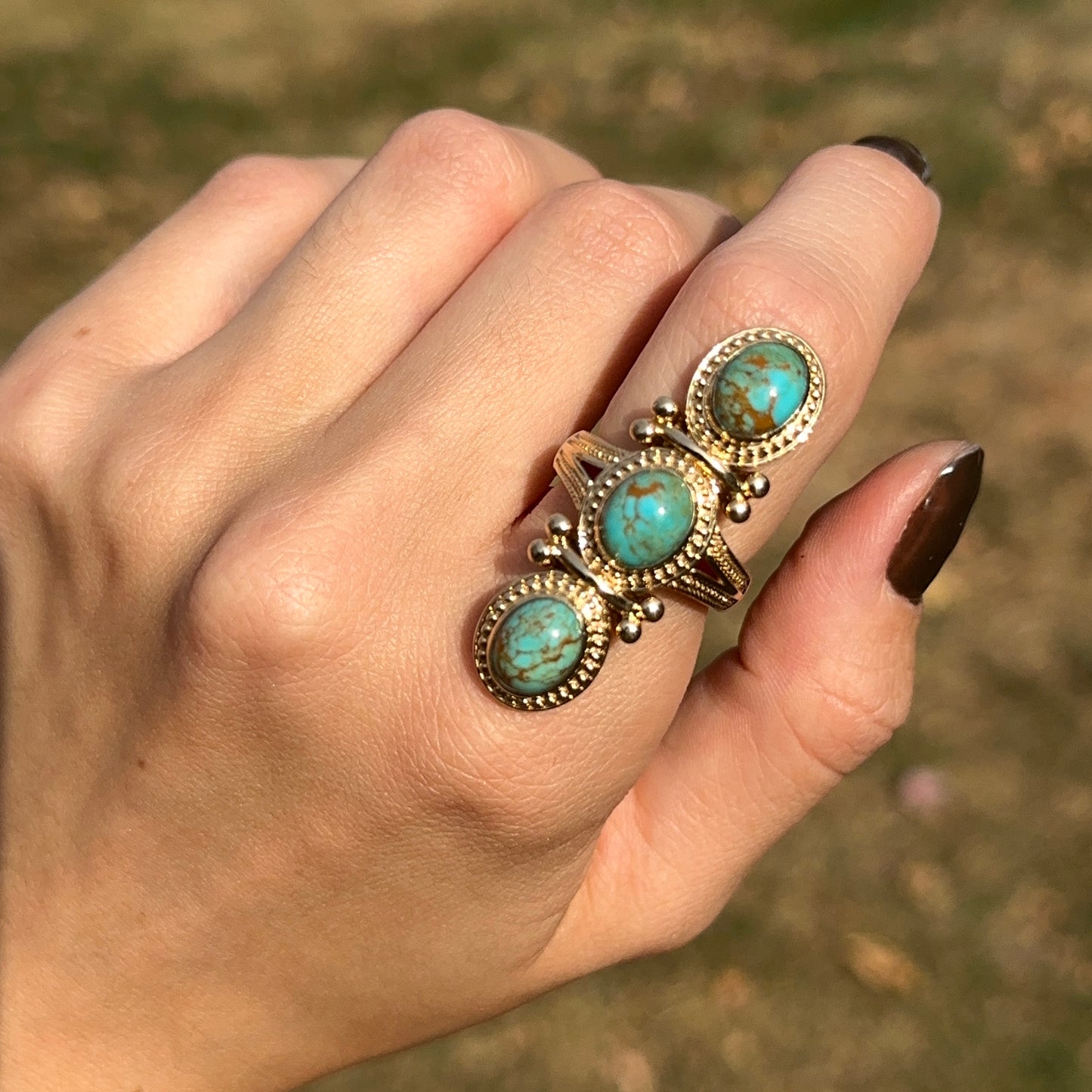 Estate 18KT Yellow Gold Byzantine Turquoise 3 Stone Ring