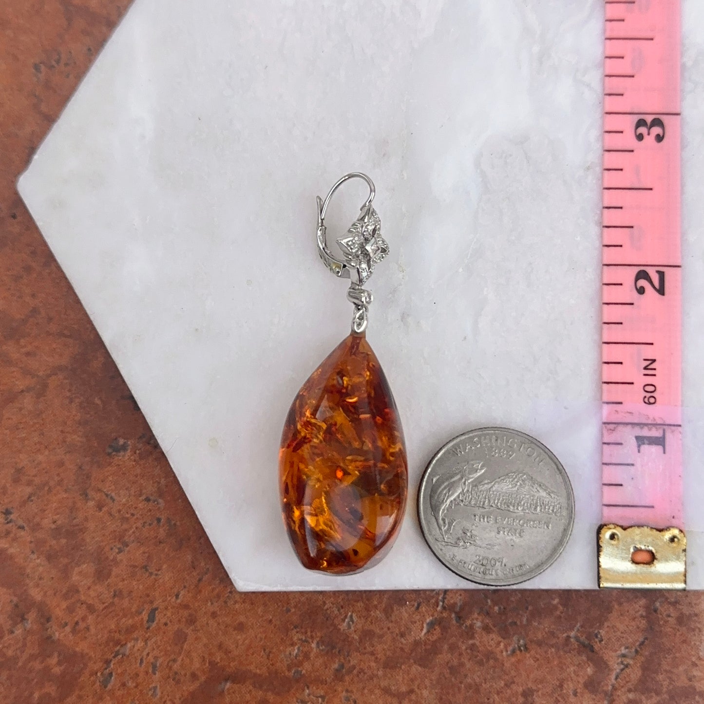 Estate 14KT White Gold  Diamond + Amber Nugget Lever Back Earrings