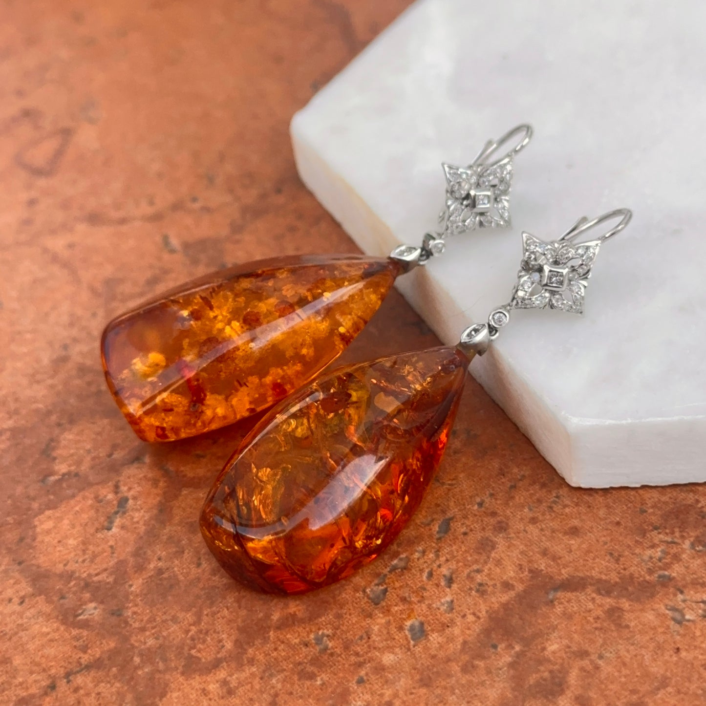 Estate 14KT White Gold  Diamond + Amber Nugget Lever Back Earrings