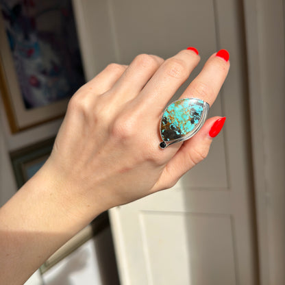 Sterling Silver Irregular Turquoise + Black Diamond Ring