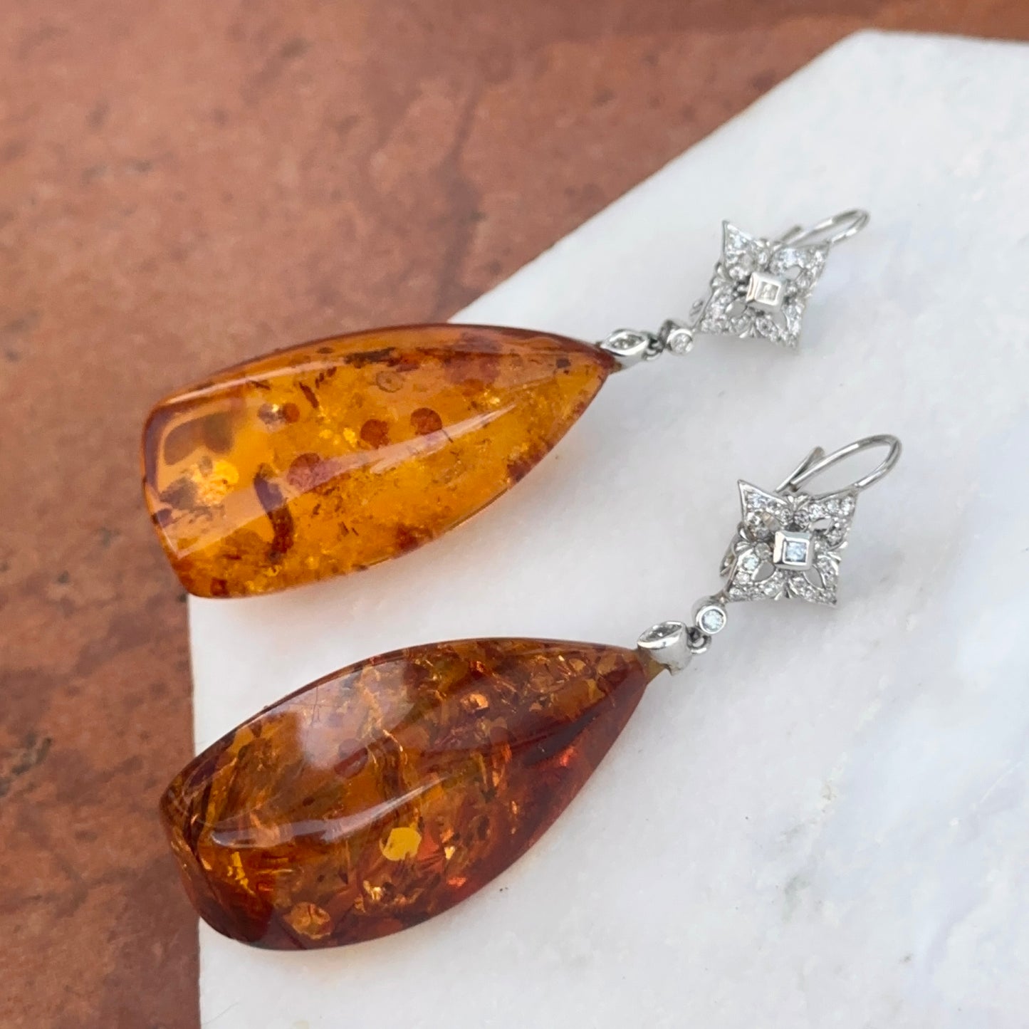 Estate 14KT White Gold  Diamond + Amber Nugget Lever Back Earrings