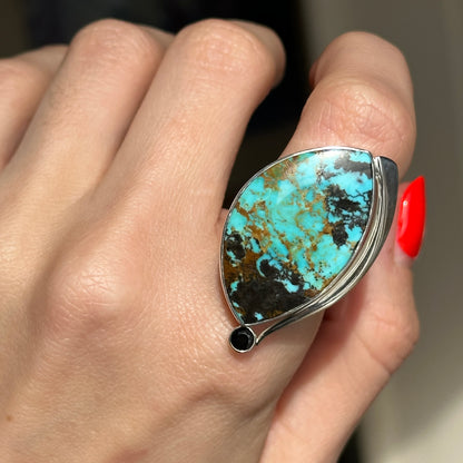 Sterling Silver Irregular Turquoise + Black Diamond Ring