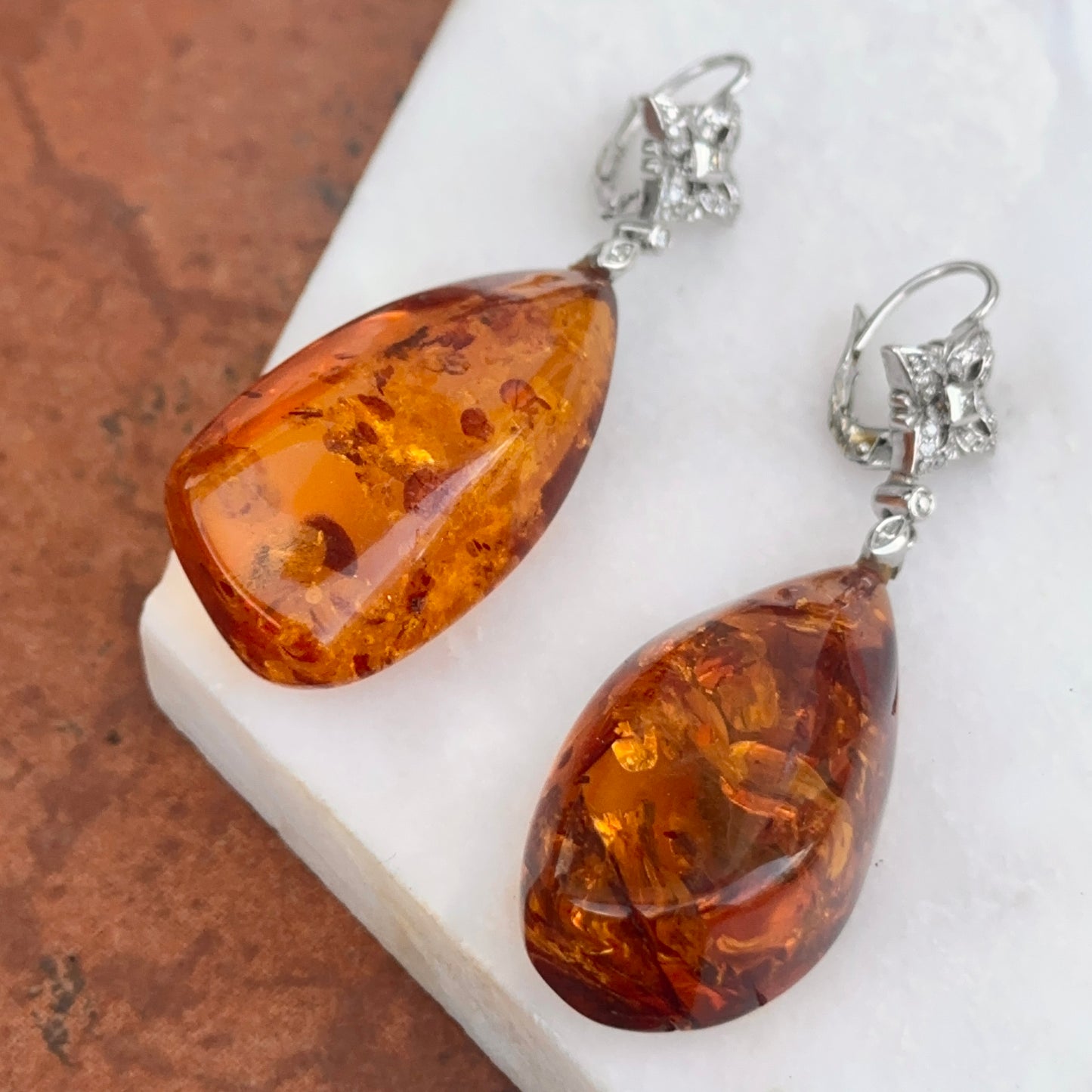 Estate 14KT White Gold  Diamond + Amber Nugget Lever Back Earrings