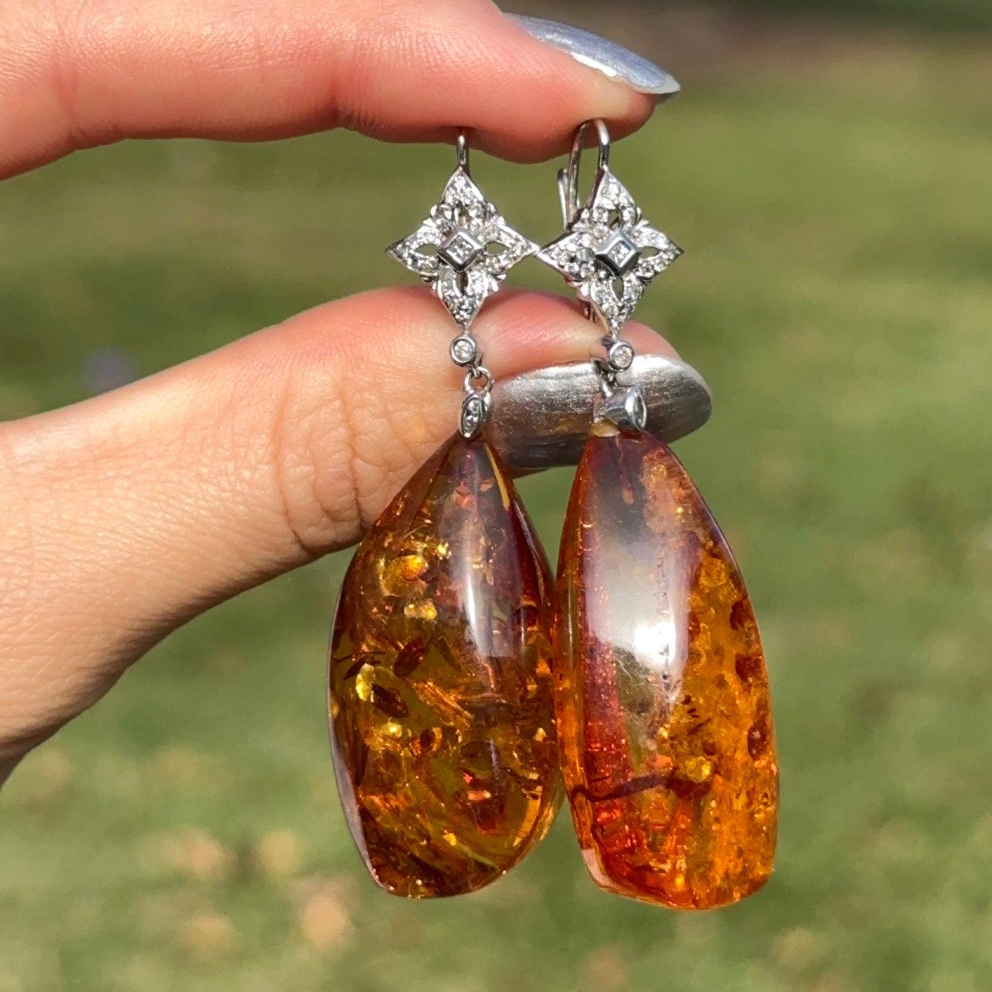 Estate 14KT White Gold  Diamond + Amber Nugget Lever Back Earrings