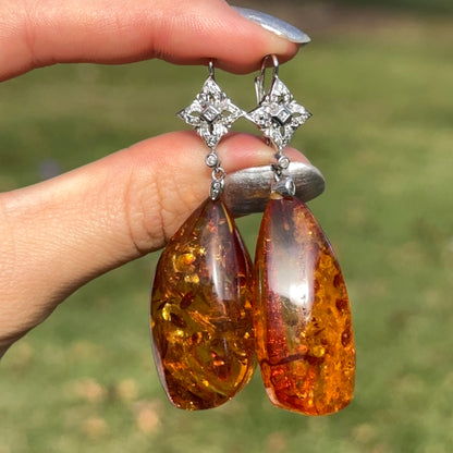 Estate 14KT White Gold  Diamond + Amber Nugget Lever Back Earrings