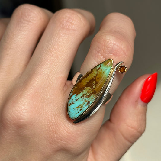 18KT Yellow Gold + Sterling Silver Irregular Turquoise + Citrine Ring