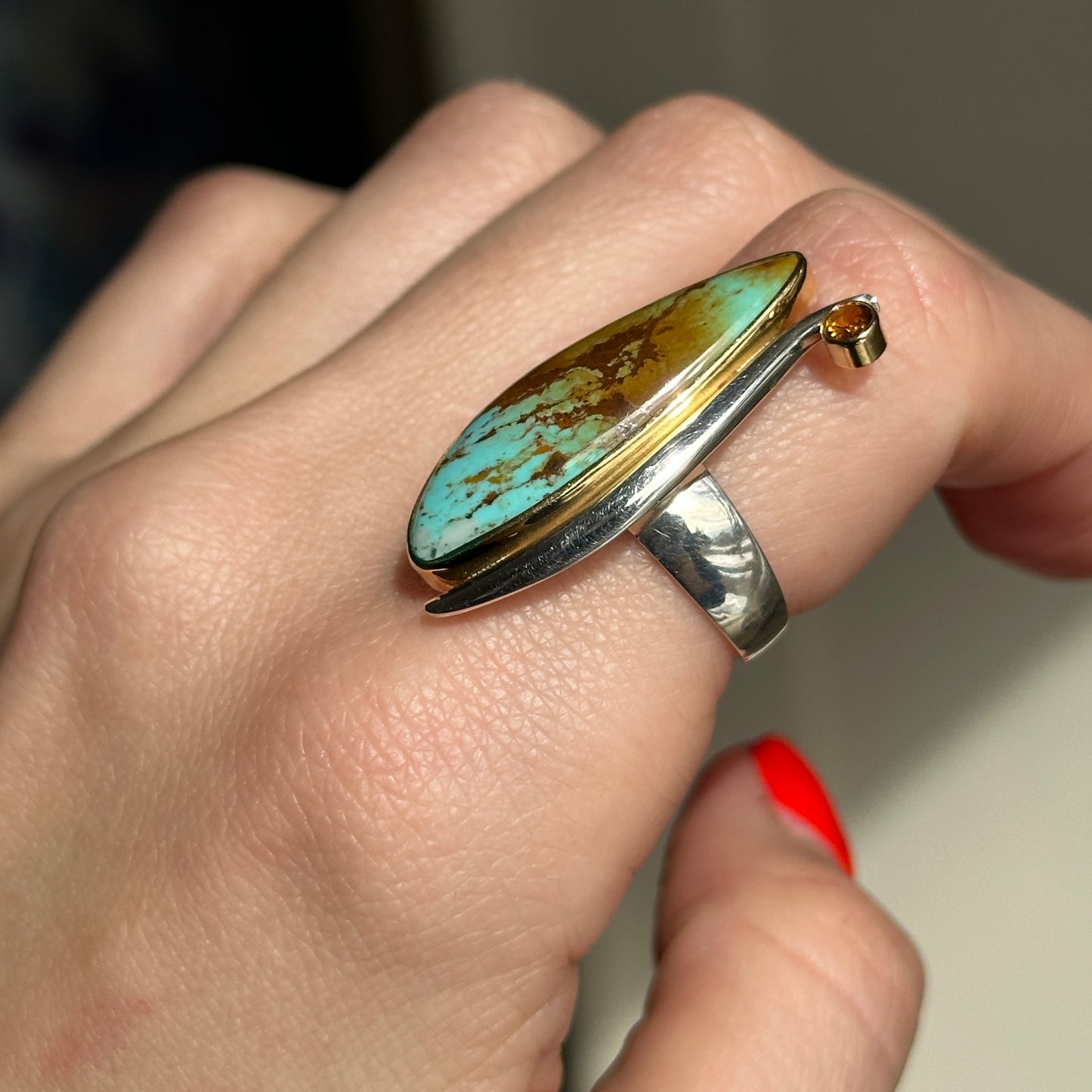 18KT Yellow Gold + Sterling Silver Irregular Turquoise + Citrine Ring