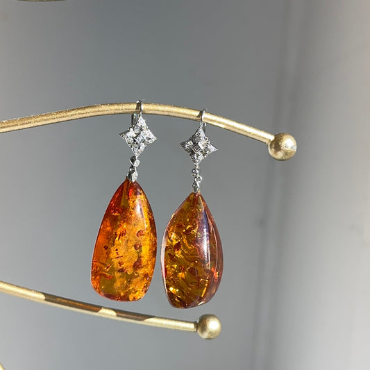 Estate 14KT White Gold  Diamond + Amber Nugget Lever Back Earrings