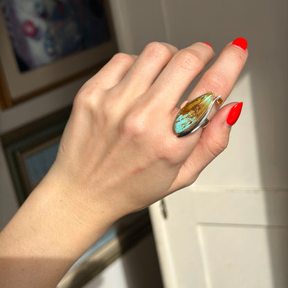 18KT Yellow Gold + Sterling Silver Irregular Turquoise + Citrine Ring