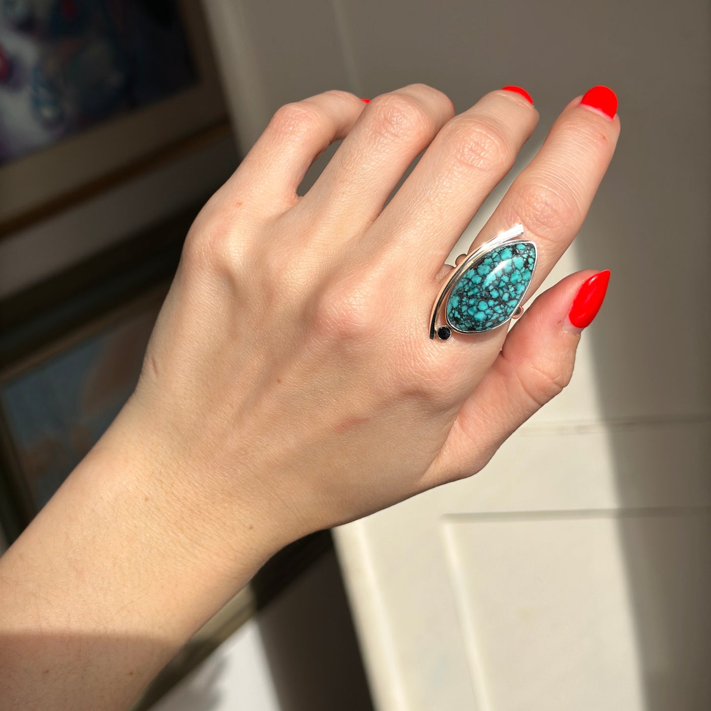 Sterling Silver Irregular Turquoise + Black Diamond Ring