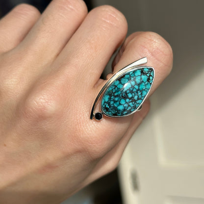 Sterling Silver Irregular Turquoise + Black Diamond Ring