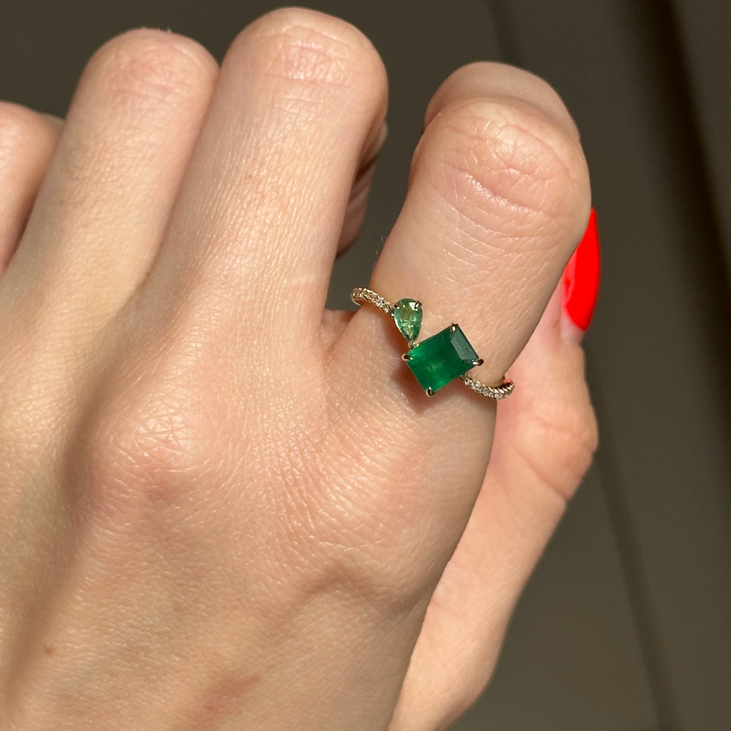 14KT Yellow Gold Pear + Emerald-Cut Emerald Ring